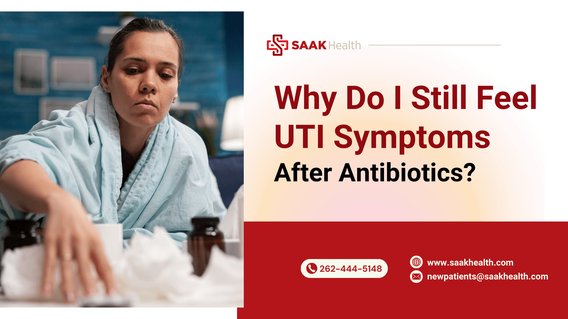 Woman experiencing persistent UTI symptoms after antibiotics with pelvic pain and bladder discomfort